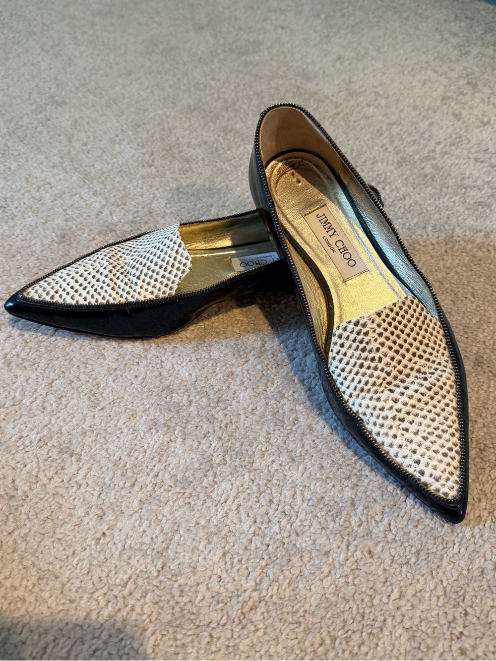 Jimmy Choo Black and White Pointed Snake-Texture Flats